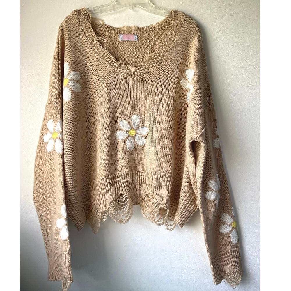 Daisy Distressed Tan Sweater Womens Size XL Flower Casual Weekend Relaxed Boho